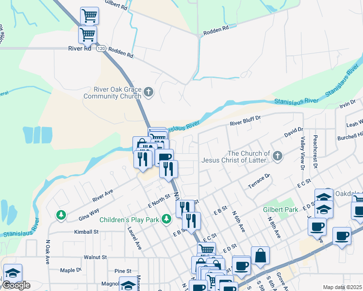 map of restaurants, bars, coffee shops, grocery stores, and more near 900 Old Stockton Road in Oakdale
