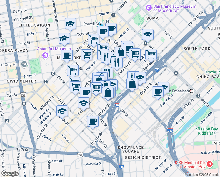 map of restaurants, bars, coffee shops, grocery stores, and more near 39 Columbia Square in San Francisco