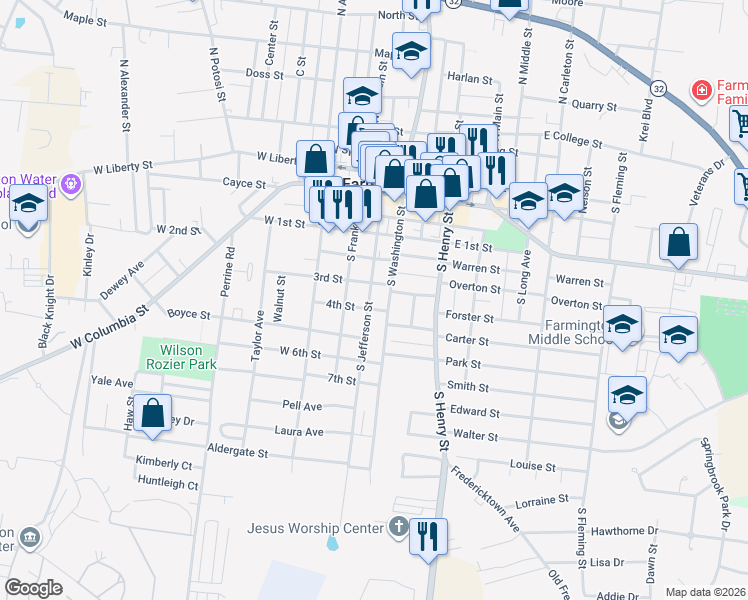 map of restaurants, bars, coffee shops, grocery stores, and more near 316 South Washington Street in Farmington
