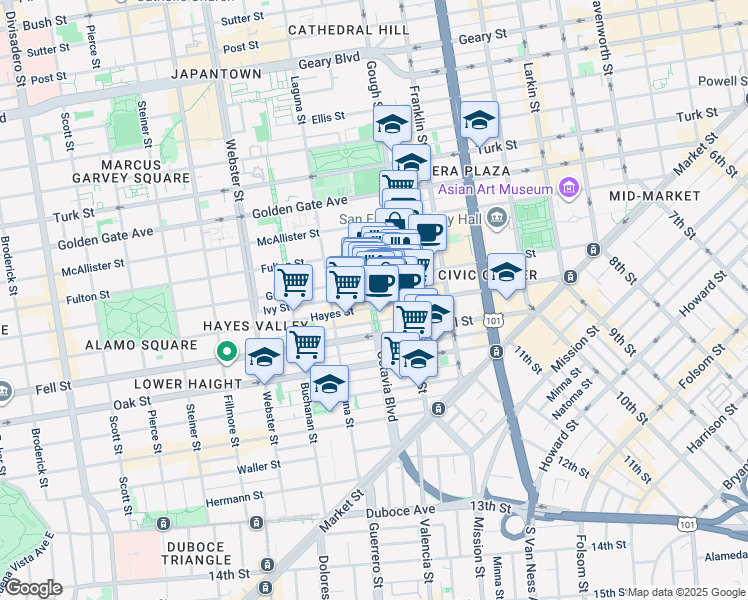 map of restaurants, bars, coffee shops, grocery stores, and more near 465 Grove Street in San Francisco