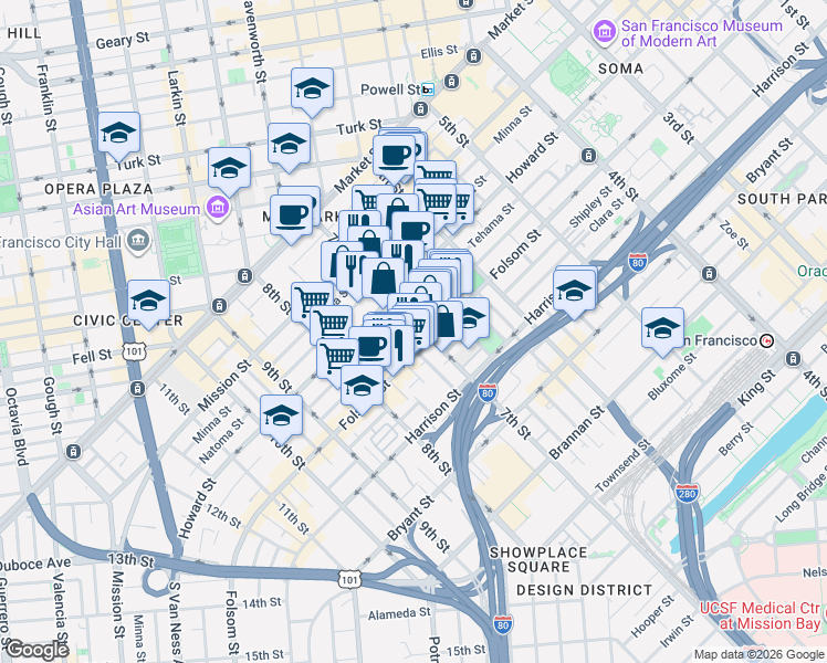 map of restaurants, bars, coffee shops, grocery stores, and more near 270 7th Street in San Francisco