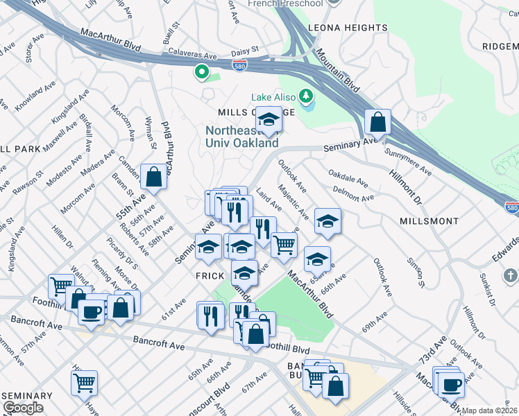 map of restaurants, bars, coffee shops, grocery stores, and more near 6024 Mauritania Avenue in Oakland