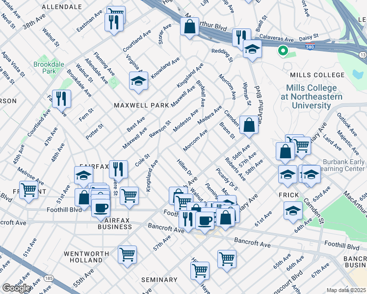 map of restaurants, bars, coffee shops, grocery stores, and more near 2801 Madera Avenue in Oakland