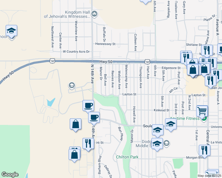 map of restaurants, bars, coffee shops, grocery stores, and more near 2419 Reeves Avenue in Dodge City