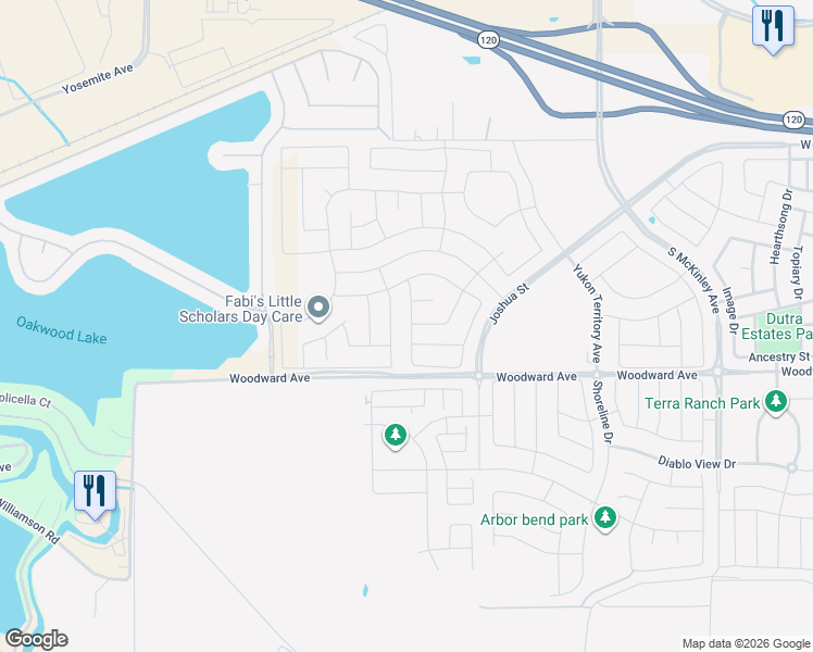 map of restaurants, bars, coffee shops, grocery stores, and more near 2401 East Woodward Avenue in Manteca