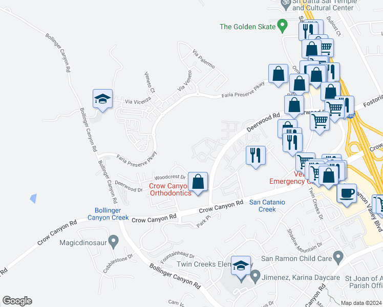 map of restaurants, bars, coffee shops, grocery stores, and more near 2514 Promontory Circle in San Ramon