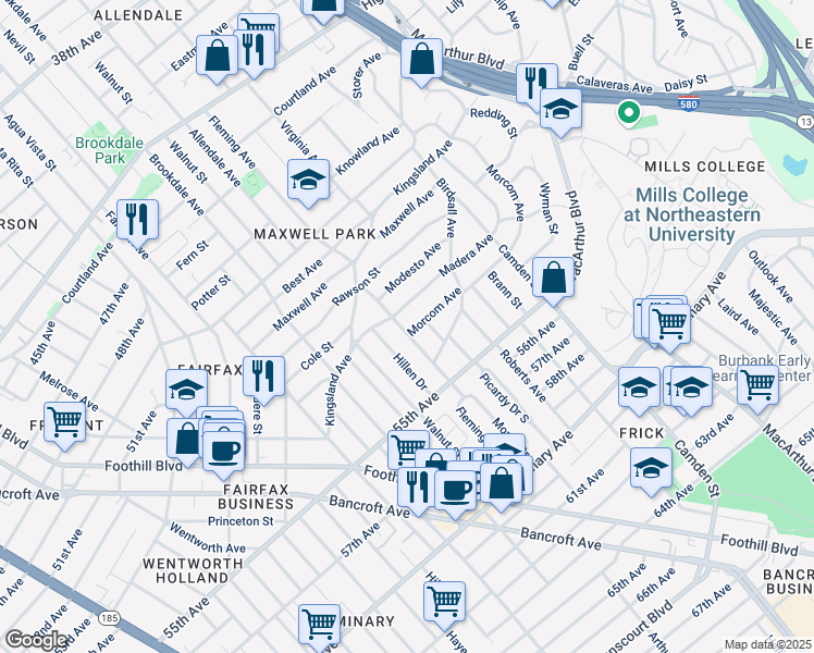 map of restaurants, bars, coffee shops, grocery stores, and more near 2801 Madera Avenue in Oakland