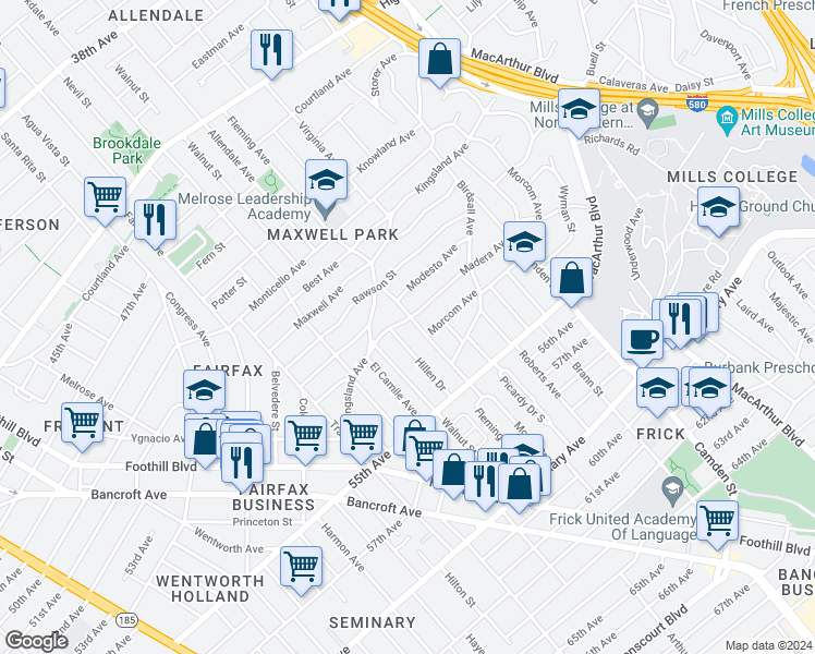 map of restaurants, bars, coffee shops, grocery stores, and more near 2801 Madera Avenue in Oakland