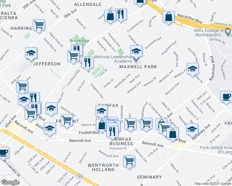 map of restaurants, bars, coffee shops, grocery stores, and more near 2440 Monticello Avenue in Oakland