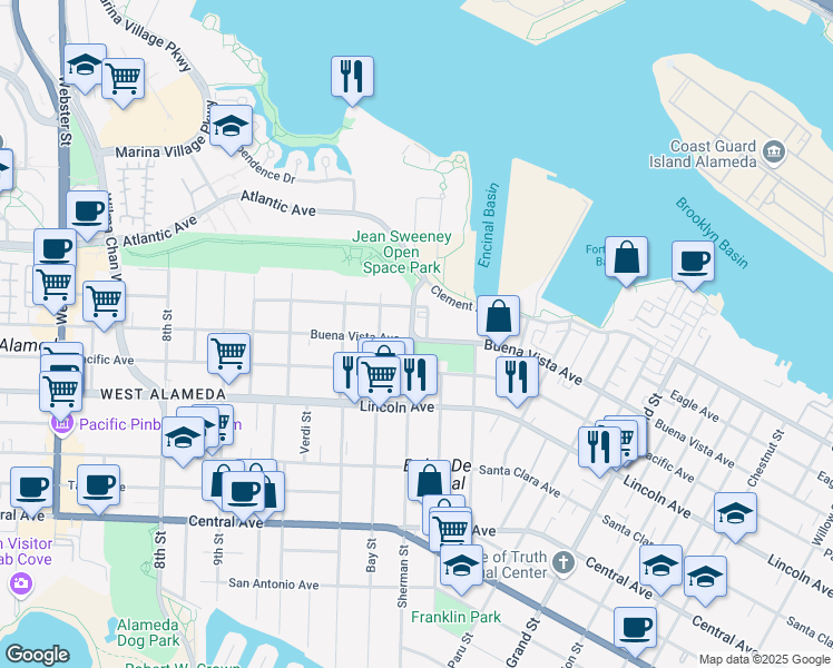 map of restaurants, bars, coffee shops, grocery stores, and more near 1817 Sherman Street in Alameda
