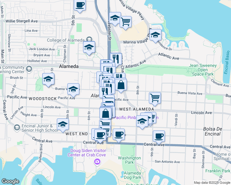 map of restaurants, bars, coffee shops, grocery stores, and more near 727 Buena Vista Avenue in Alameda
