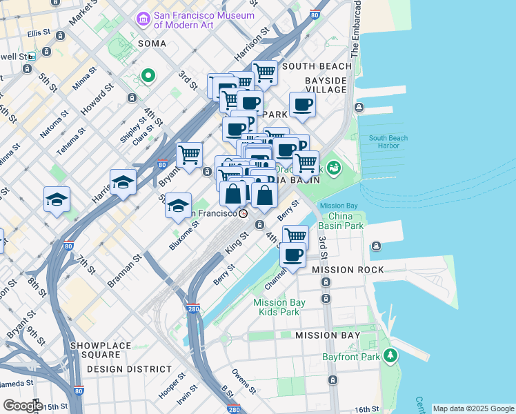 map of restaurants, bars, coffee shops, grocery stores, and more near 250-260 King Street in San Francisco