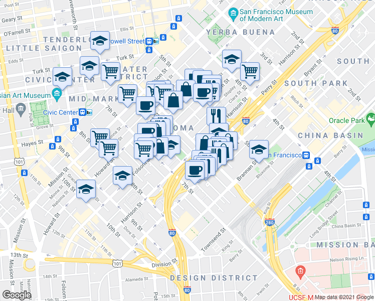 map of restaurants, bars, coffee shops, grocery stores, and more near 1000 Harrison Street in San Francisco