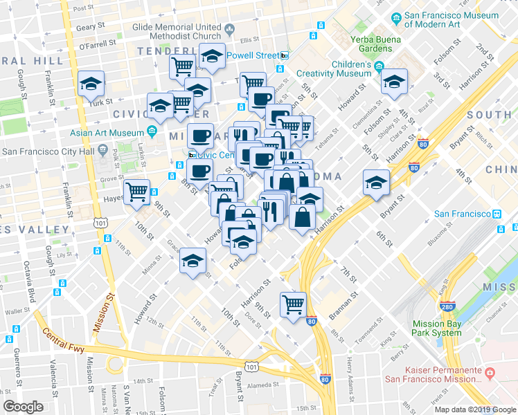 map of restaurants, bars, coffee shops, grocery stores, and more near 1108 Howard Street in San Francisco