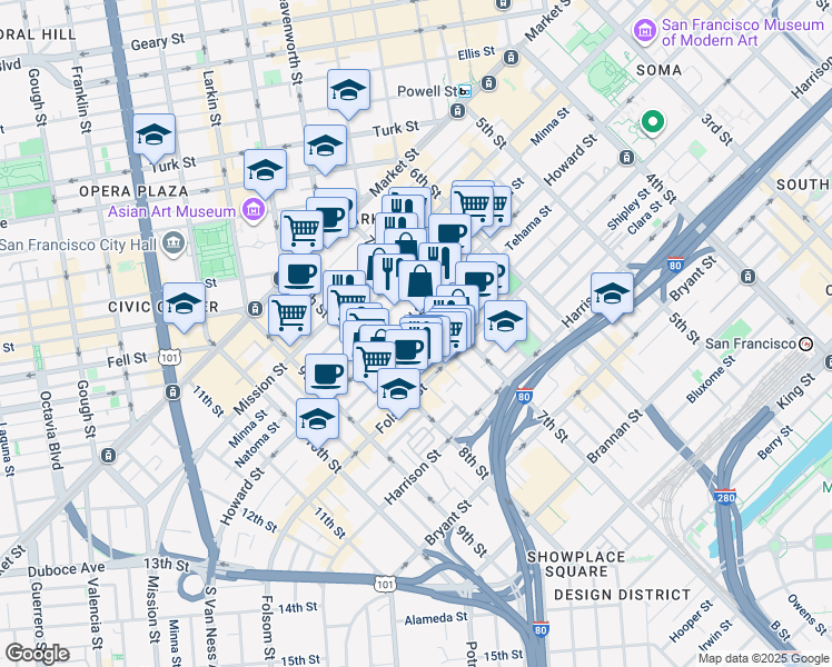 map of restaurants, bars, coffee shops, grocery stores, and more near 1136 Howard Street in San Francisco