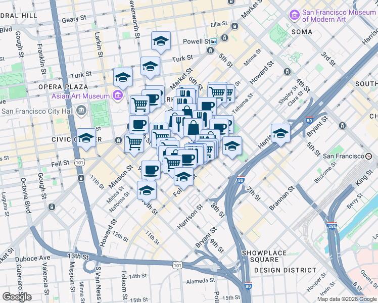 map of restaurants, bars, coffee shops, grocery stores, and more near 1136 Howard Street in San Francisco