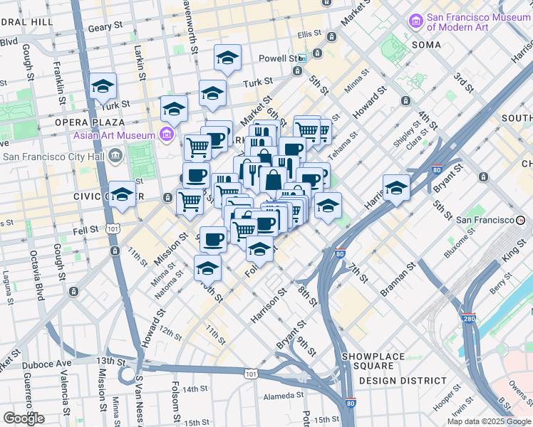 map of restaurants, bars, coffee shops, grocery stores, and more near 1136 Howard Street in San Francisco