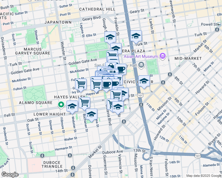map of restaurants, bars, coffee shops, grocery stores, and more near 465 Grove Street in San Francisco