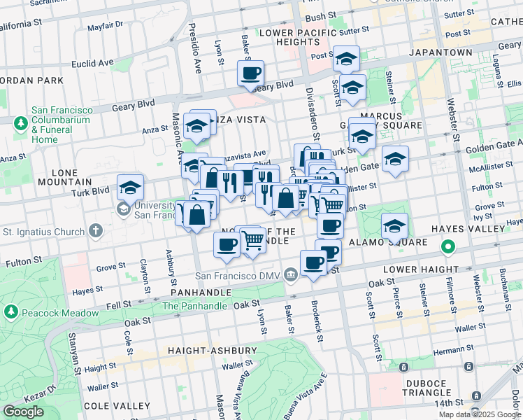 map of restaurants, bars, coffee shops, grocery stores, and more near 705 Baker Street in San Francisco