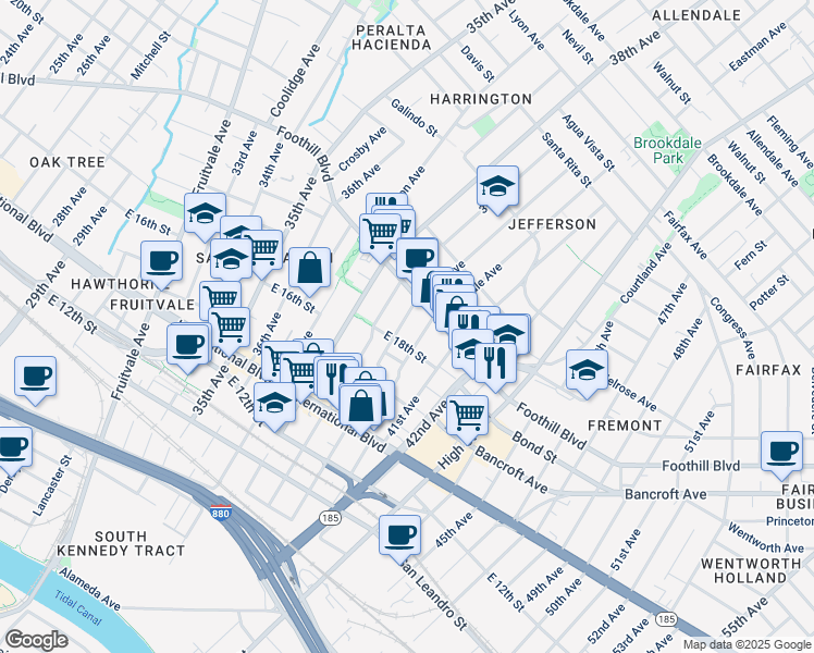 map of restaurants, bars, coffee shops, grocery stores, and more near 1822 40th Avenue in Oakland