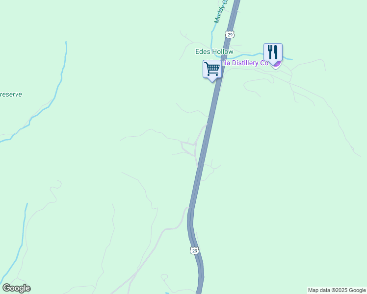 map of restaurants, bars, coffee shops, grocery stores, and more near 66 Red Clay Lane in Lovingston