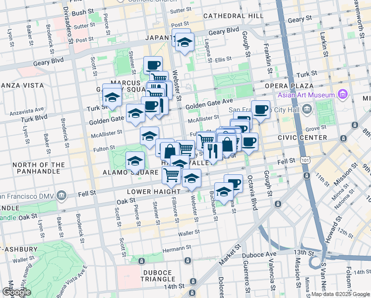 map of restaurants, bars, coffee shops, grocery stores, and more near Webster St & Grove St in San Francisco