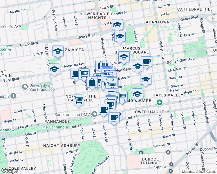 map of restaurants, bars, coffee shops, grocery stores, and more near 1300 Fulton Street in San Francisco