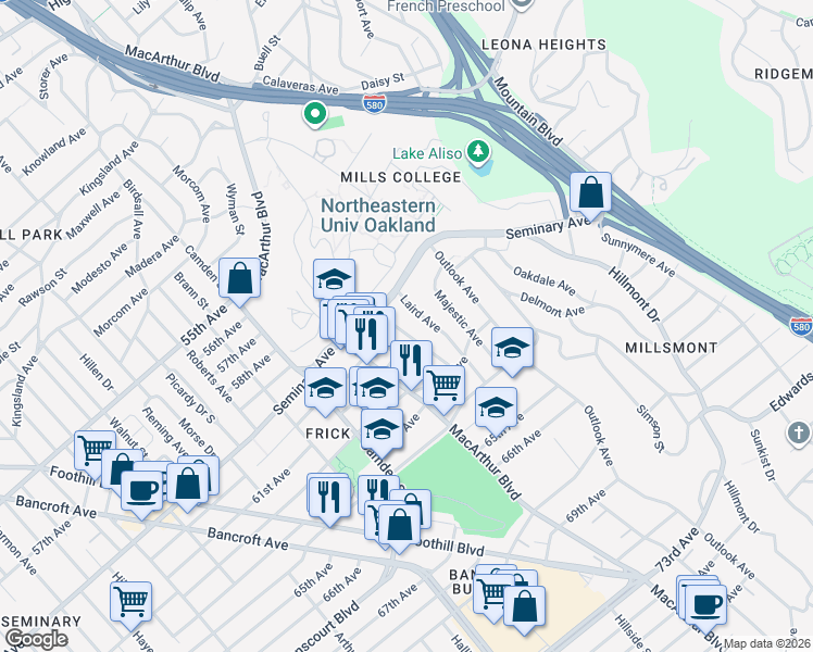 map of restaurants, bars, coffee shops, grocery stores, and more near 6024 Mauritania Avenue in Oakland