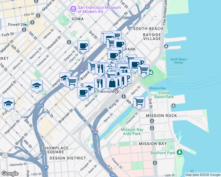 map of restaurants, bars, coffee shops, grocery stores, and more near 310 Townsend Street in San Francisco