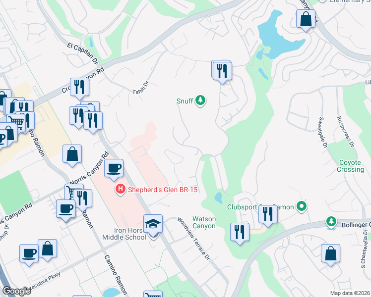 map of restaurants, bars, coffee shops, grocery stores, and more near 205 Canyon Lakes Place in San Ramon