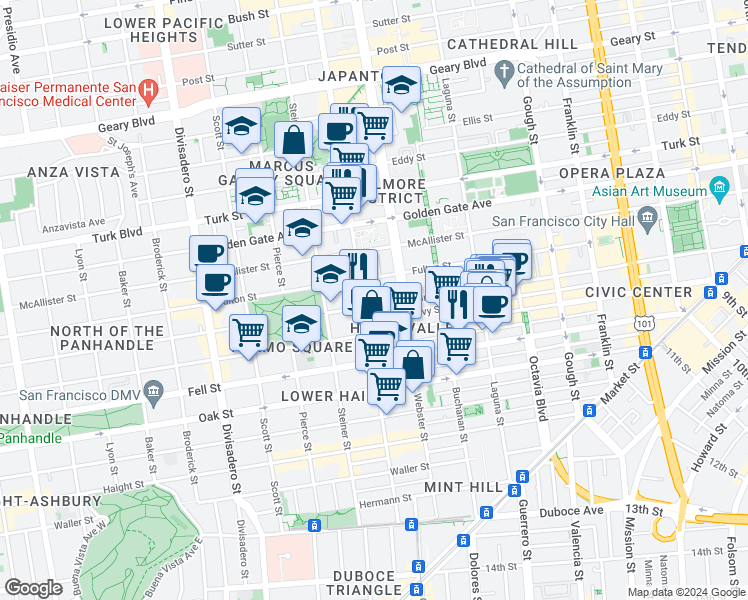 map of restaurants, bars, coffee shops, grocery stores, and more near 880 Grove Street in San Francisco