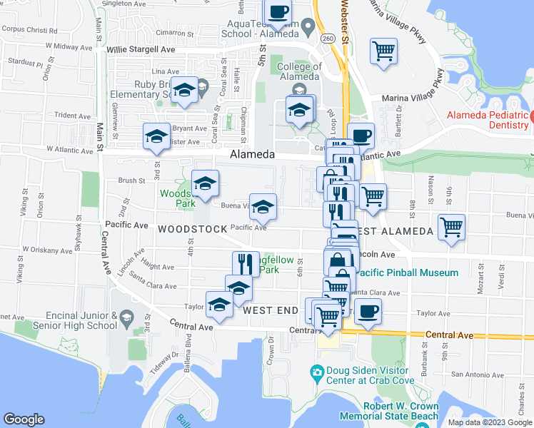 map of restaurants, bars, coffee shops, grocery stores, and more near 520 Buena Vista Avenue in Alameda