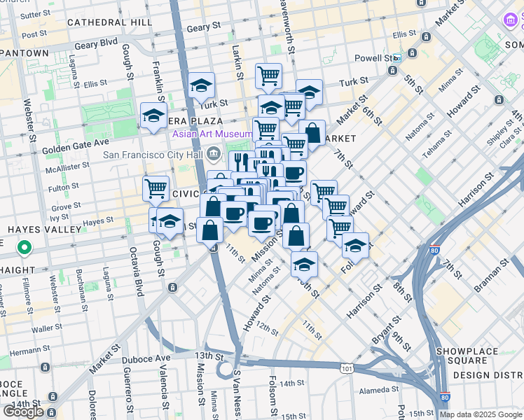 map of restaurants, bars, coffee shops, grocery stores, and more near in San Francisco