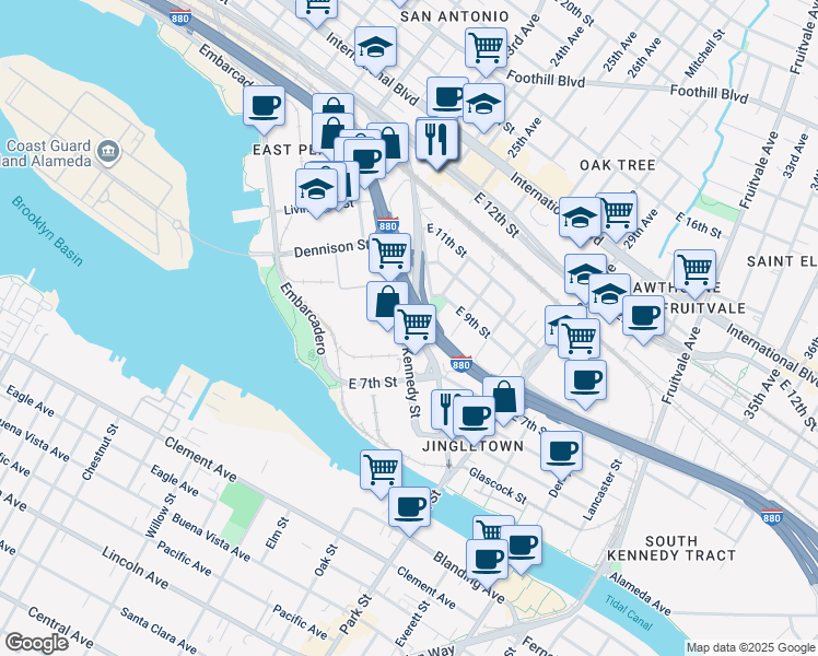 map of restaurants, bars, coffee shops, grocery stores, and more near 807 Kennedy Street in Oakland