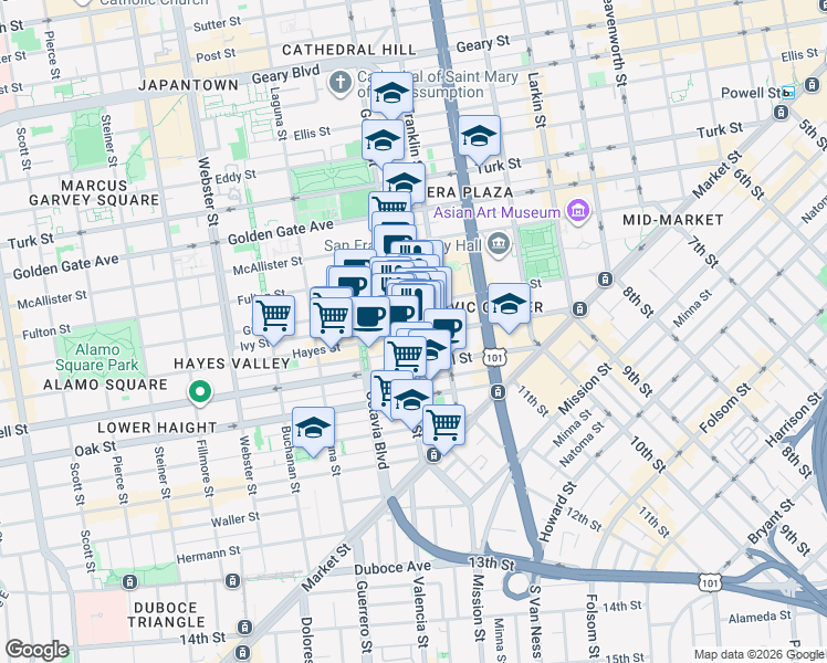 map of restaurants, bars, coffee shops, grocery stores, and more near 351 Grove Street in San Francisco