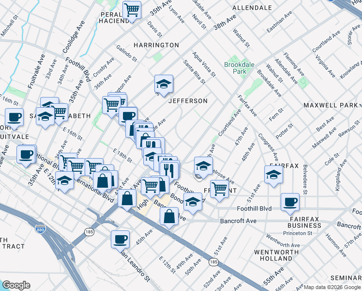 map of restaurants, bars, coffee shops, grocery stores, and more near 2030 42nd Avenue in Oakland