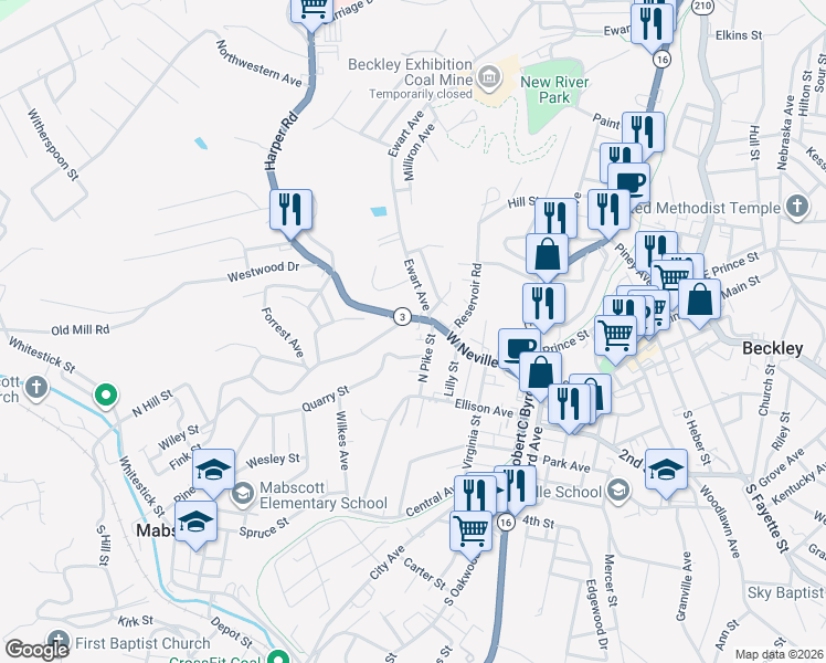 map of restaurants, bars, coffee shops, grocery stores, and more near 1101-1133 State Highway 3 in Beckley