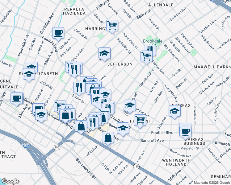 map of restaurants, bars, coffee shops, grocery stores, and more near 2030 42nd Avenue in Oakland