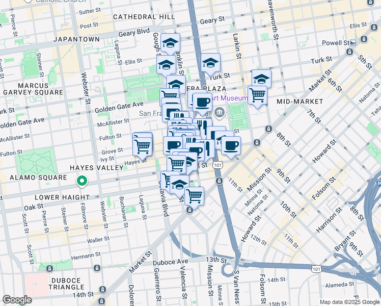 map of restaurants, bars, coffee shops, grocery stores, and more near Hayes Street in San Francisco
