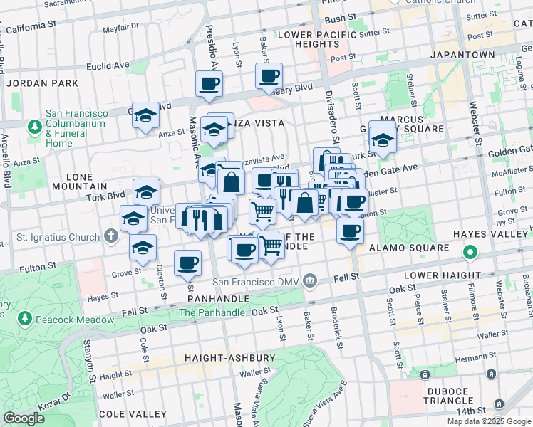 map of restaurants, bars, coffee shops, grocery stores, and more near 678 Lyon Street in San Francisco