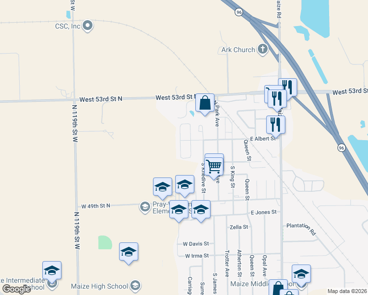 map of restaurants, bars, coffee shops, grocery stores, and more near 300 West Albert Street in Maize