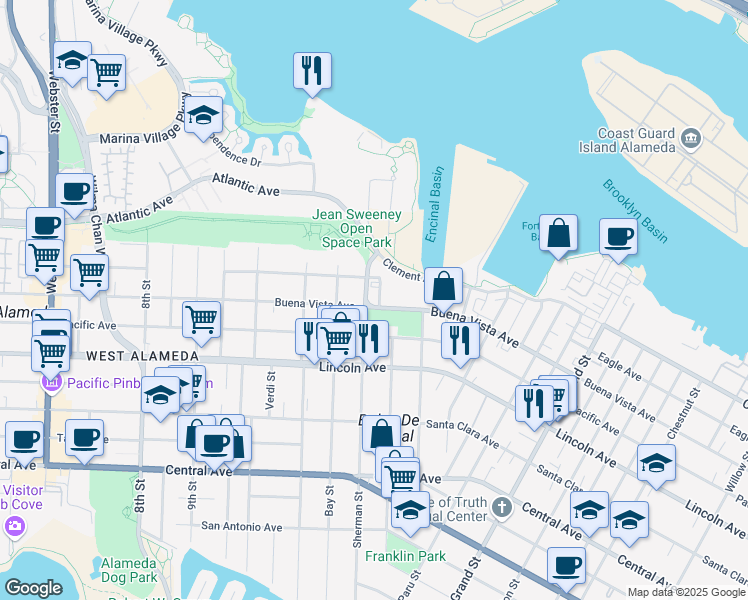 map of restaurants, bars, coffee shops, grocery stores, and more near 1401 Buena Vista Avenue in Alameda