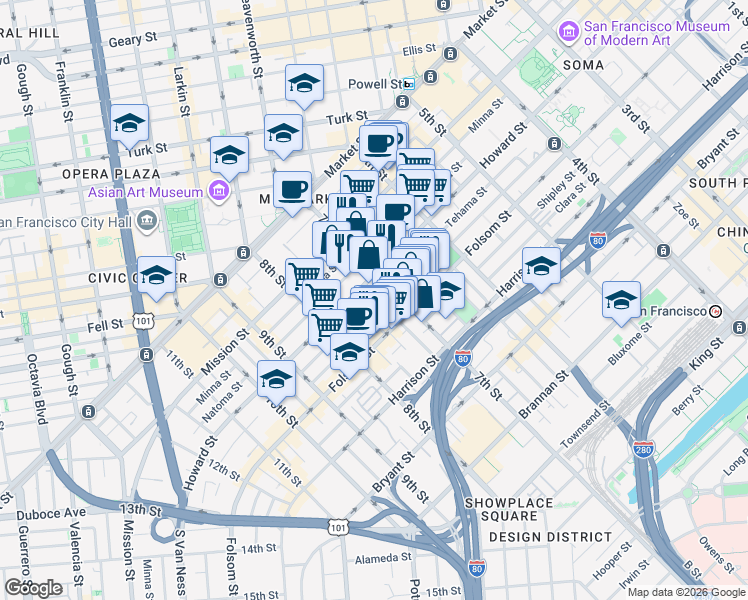 map of restaurants, bars, coffee shops, grocery stores, and more near 26 Langton Street in San Francisco