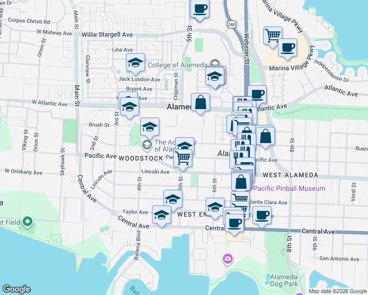 map of restaurants, bars, coffee shops, grocery stores, and more near 529A Buena Vista Avenue in Alameda