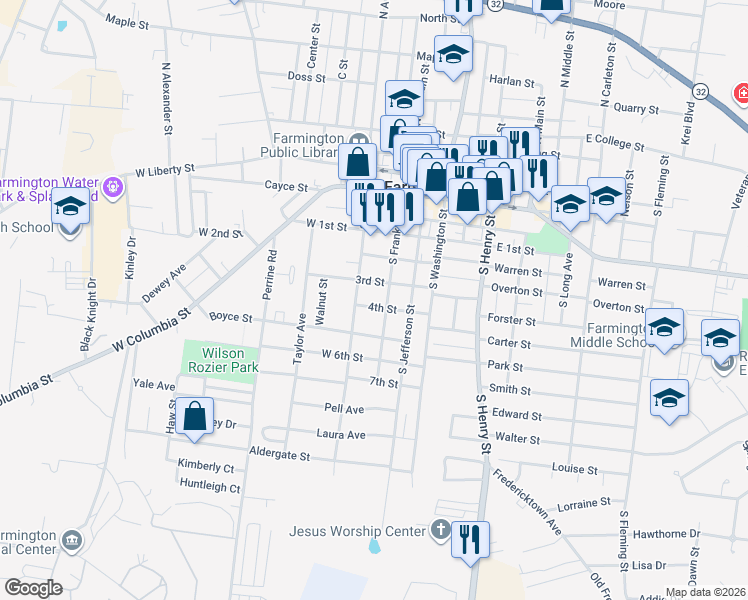 map of restaurants, bars, coffee shops, grocery stores, and more near 402 South A Street in Farmington