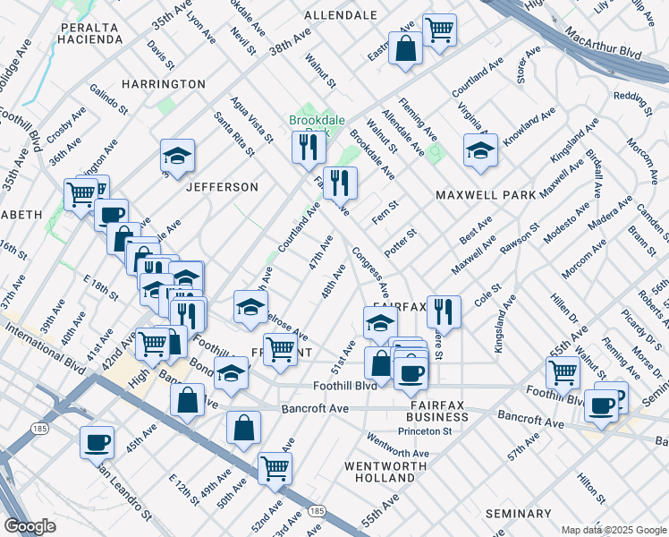 map of restaurants, bars, coffee shops, grocery stores, and more near 2272 47th Avenue in Oakland