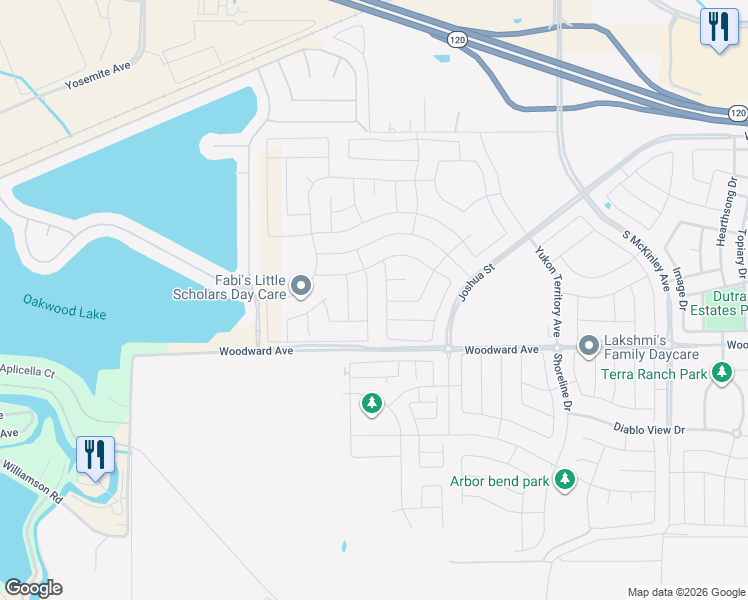 map of restaurants, bars, coffee shops, grocery stores, and more near 1738 Shingle Avenue in Manteca