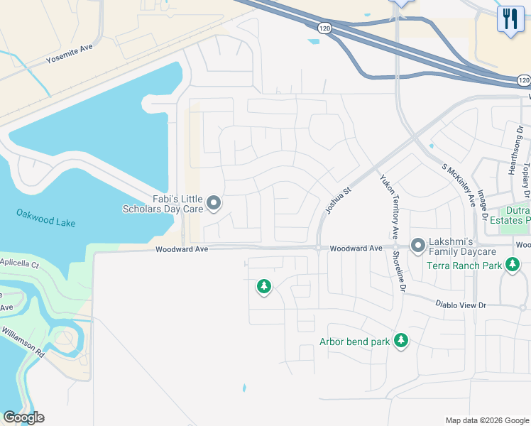 map of restaurants, bars, coffee shops, grocery stores, and more near 1738 Shingle Avenue in Manteca