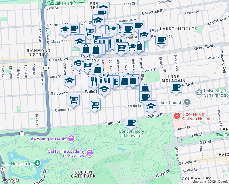 map of restaurants, bars, coffee shops, grocery stores, and more near 591 5th Avenue in San Francisco