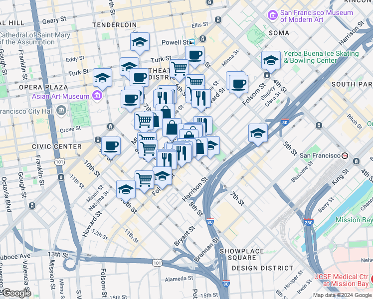 map of restaurants, bars, coffee shops, grocery stores, and more near 270 7th Street in San Francisco